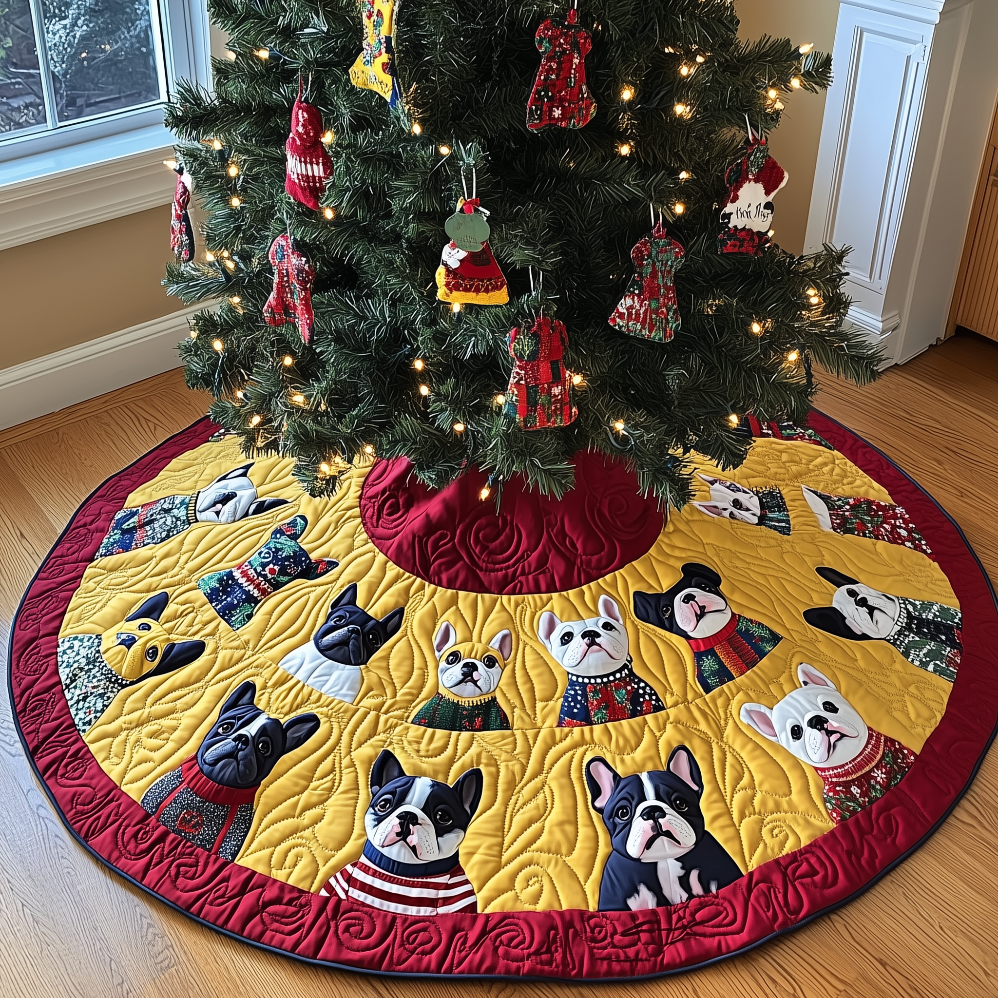 Playful French Bulldog Christmas Quilted Tree Skirt Xmas Tree Decorations Holiday Gifts For Dog Lovers Owners