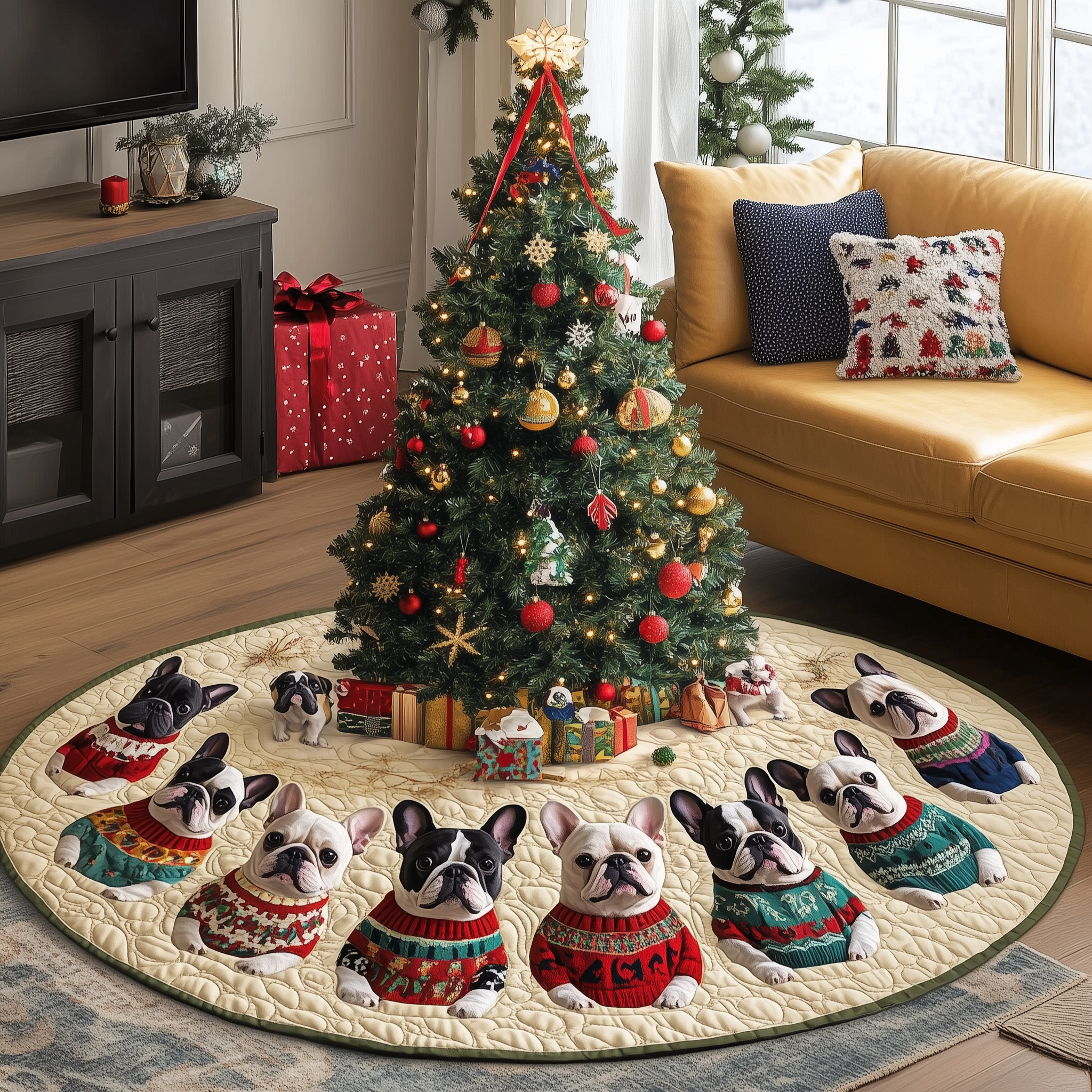Playful French Bulldog Christmas Quilted Tree Skirt Xmas Tree Decorations Holiday Gifts For Dog Lovers Owners