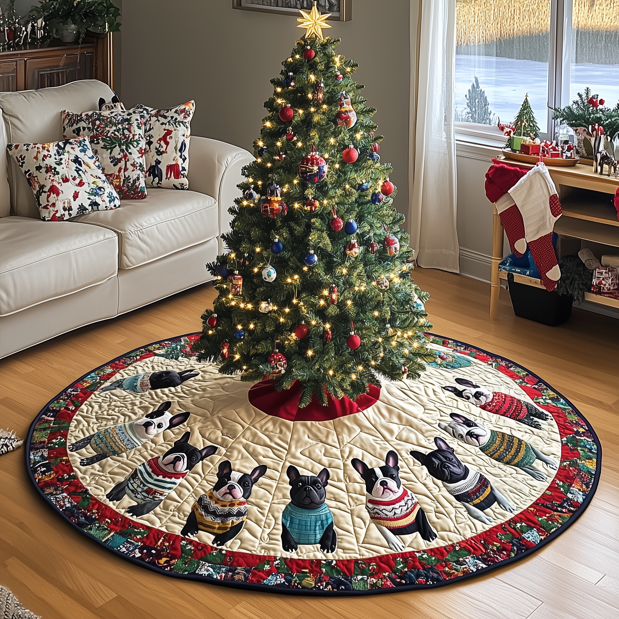 Playful French Bulldog Christmas Quilted Tree Skirt Xmas Tree Decorations Holiday Gifts For Dog Lovers Owners