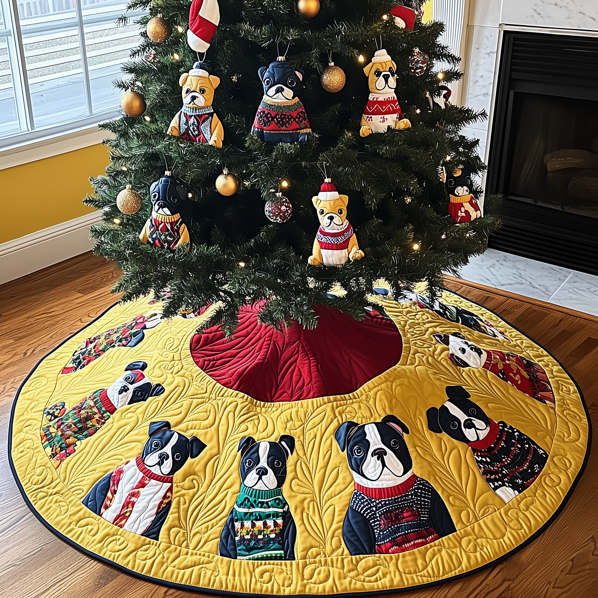 Playful French Bulldog Christmas Quilted Tree Skirt Xmas Tree Decorations Holiday Gifts For Dog Lovers Owners