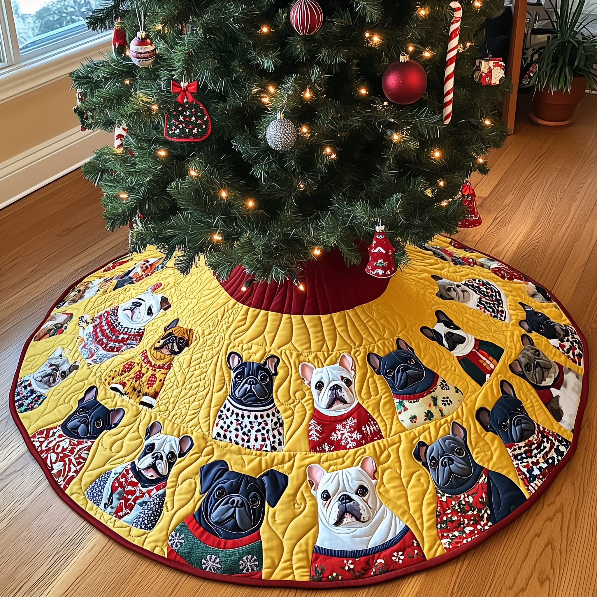 Playful French Bulldog Christmas Quilted Tree Skirt Xmas Tree Decorations Holiday Gifts For Dog Lovers Owners