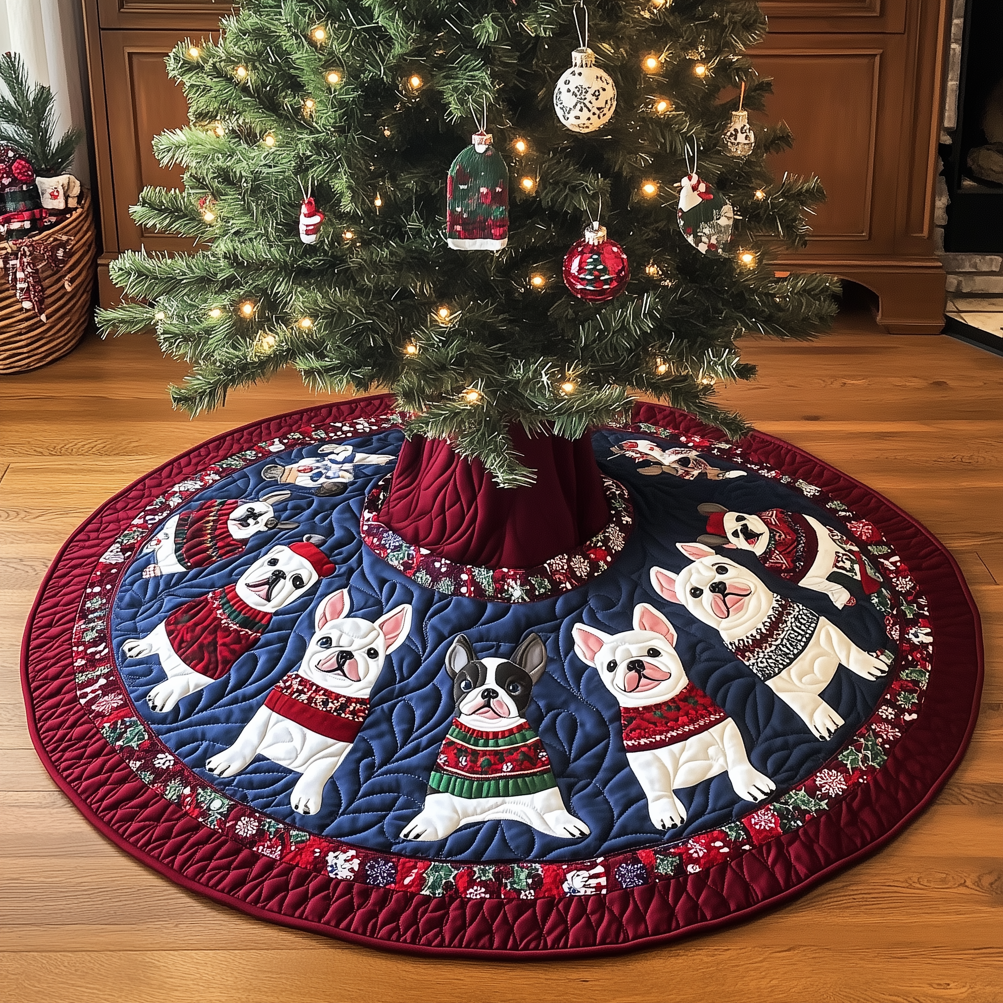 Playful French Bulldog Christmas Quilted Tree Skirt Xmas Tree Decorations Holiday Gifts For Dog Lovers Owners