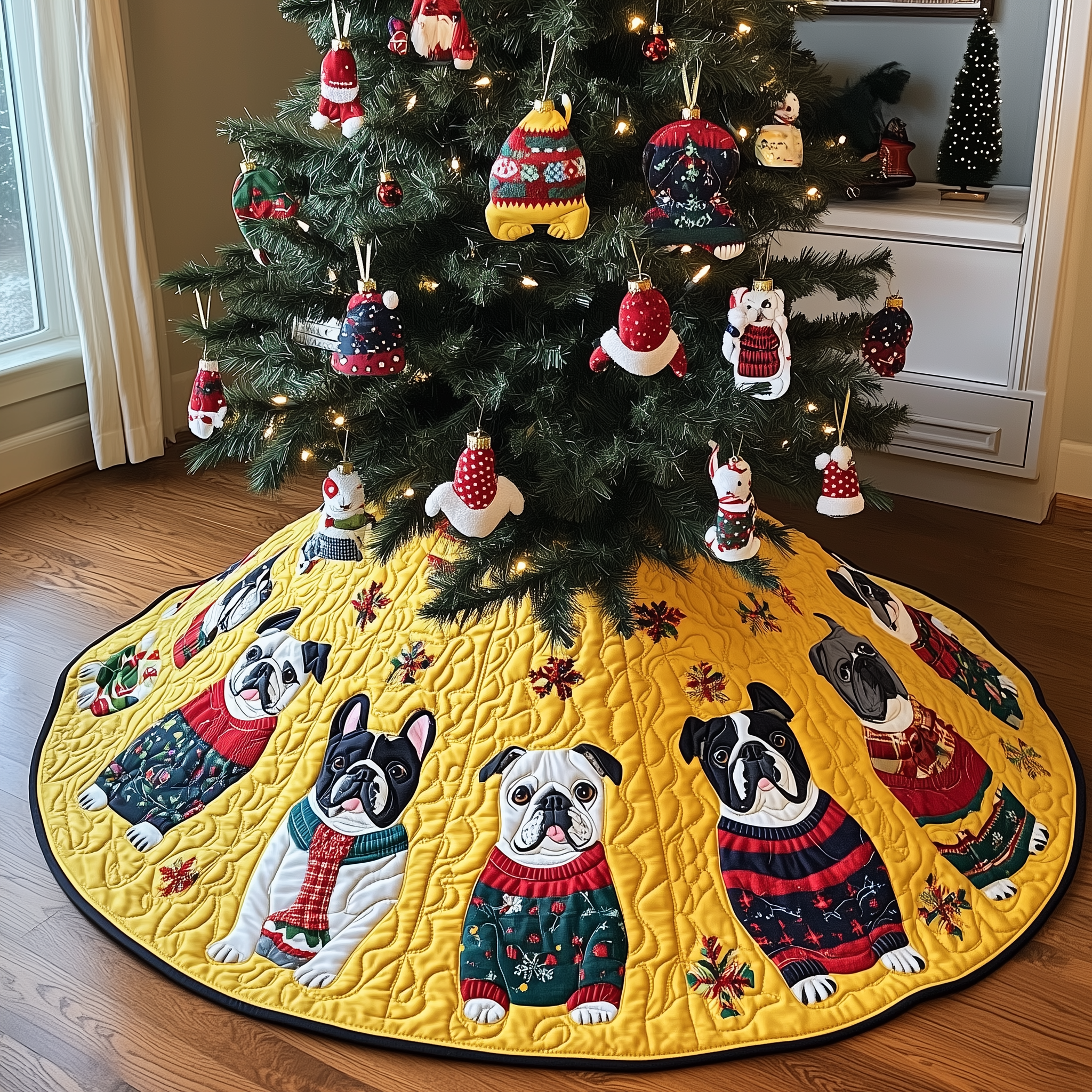 Playful French Bulldog Christmas Quilted Tree Skirt Xmas Tree Decorations Holiday Gifts For Dog Lovers Owners
