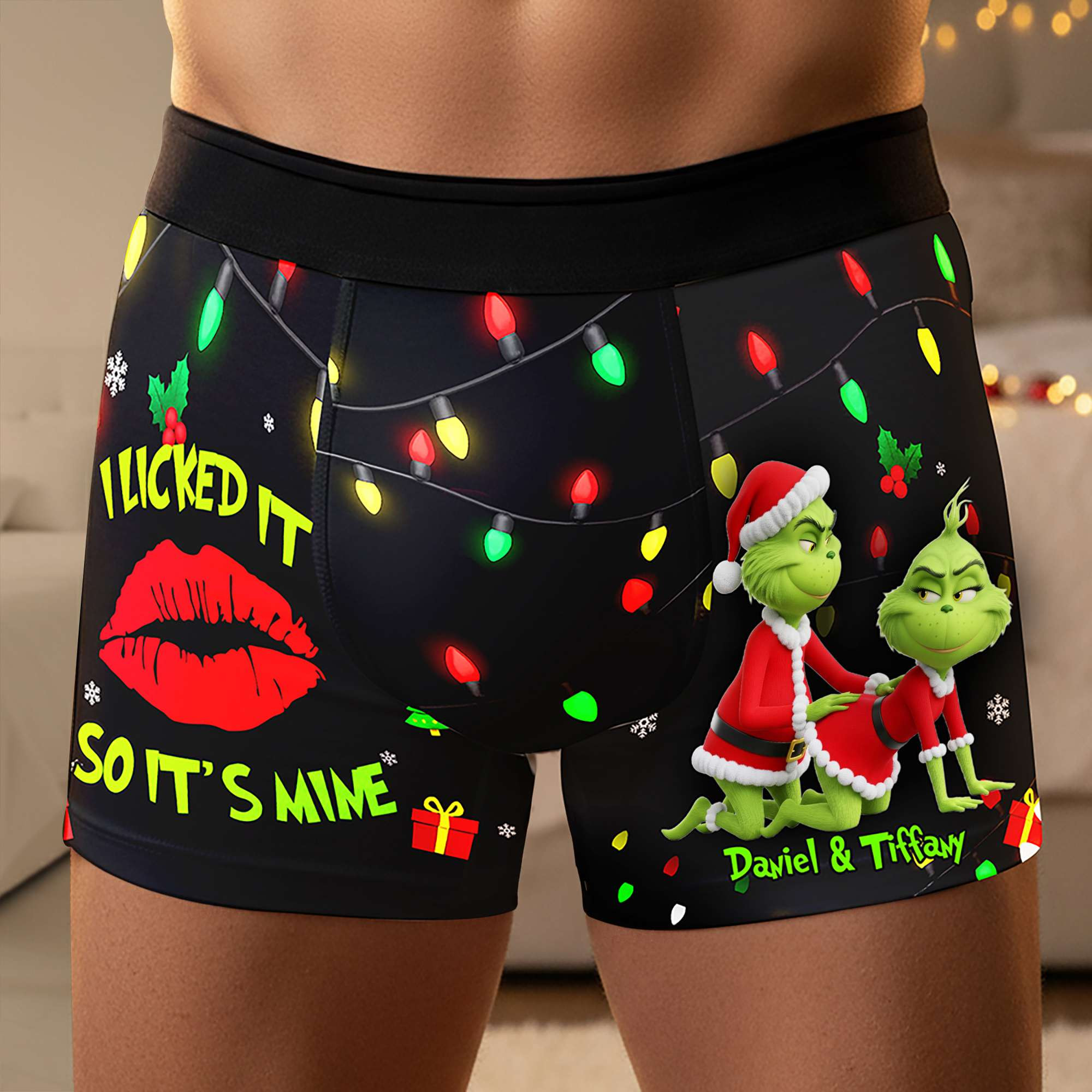 Playful Green Couple Christmas Boxers - Personalized Gifts For Him - Funny Stocking Stuffers For Adults Playful Green Couple Christmas Boxers - Personalized Gifts For Him - Funny Stocking Stuffers For Adults