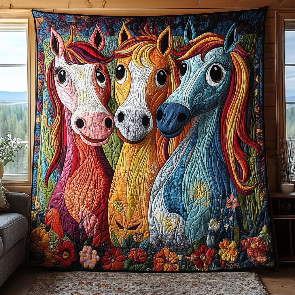 Playful Horse Quilted Blanket Cute Throw Blanket Best Gifts For Horse Owners