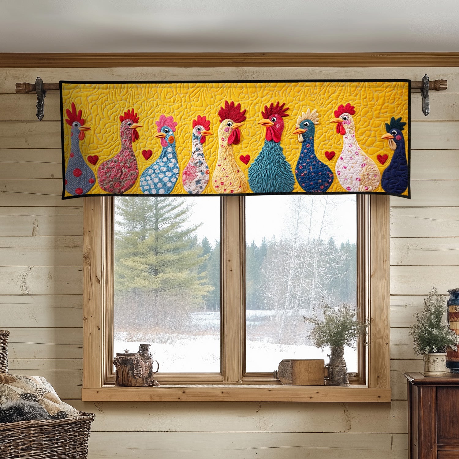 Playful Patchwork Chickens Quilted Valance Farmhouse Patchwork Window Valance Christmas Gifts For Chicken Farmers