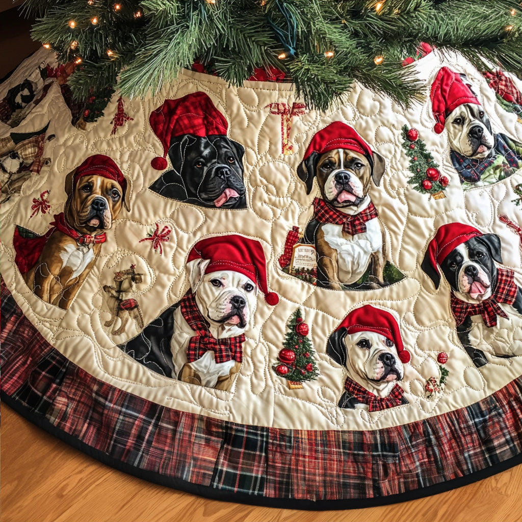 Playful Pitbull Hearts Quilted Christmas Tree Skirt Seasonal Tree Area Decoration Xmas Under-Tree Decoration