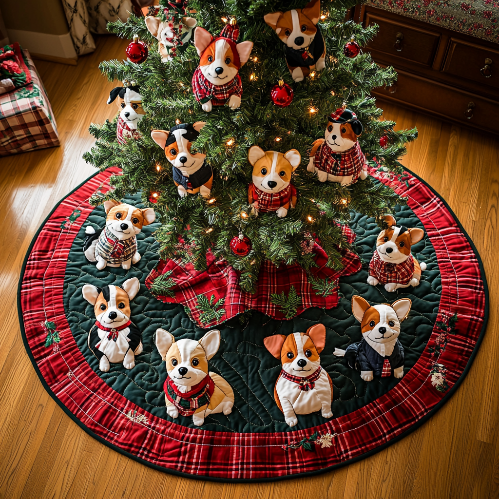 Playful Plaid Corgi Chritstmas Quilted Tree Skirt Cozy Holiday Tree Skirt to Brighten Your Home