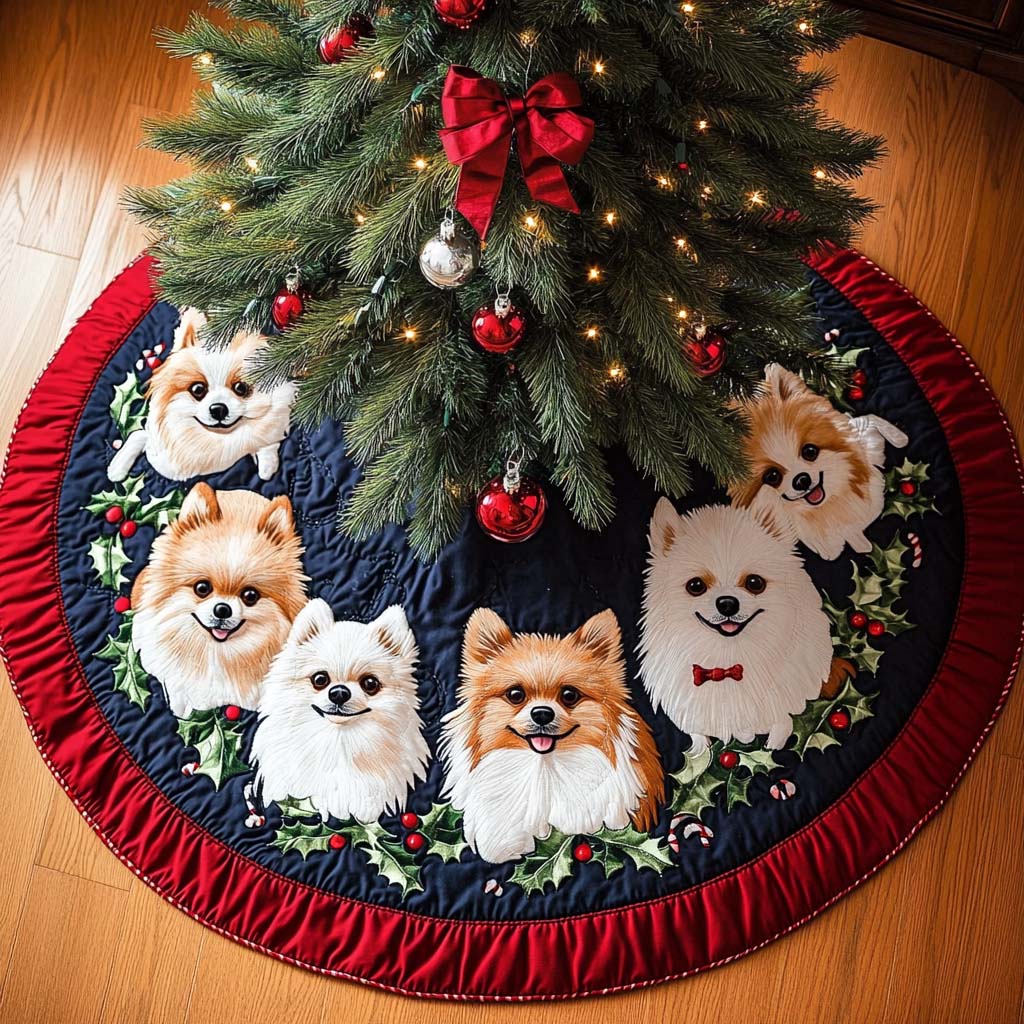 Playful Pomeranian Christmas Quilted Tree Skirt For A Christmas Tree Christmas Gift For Parents In Law