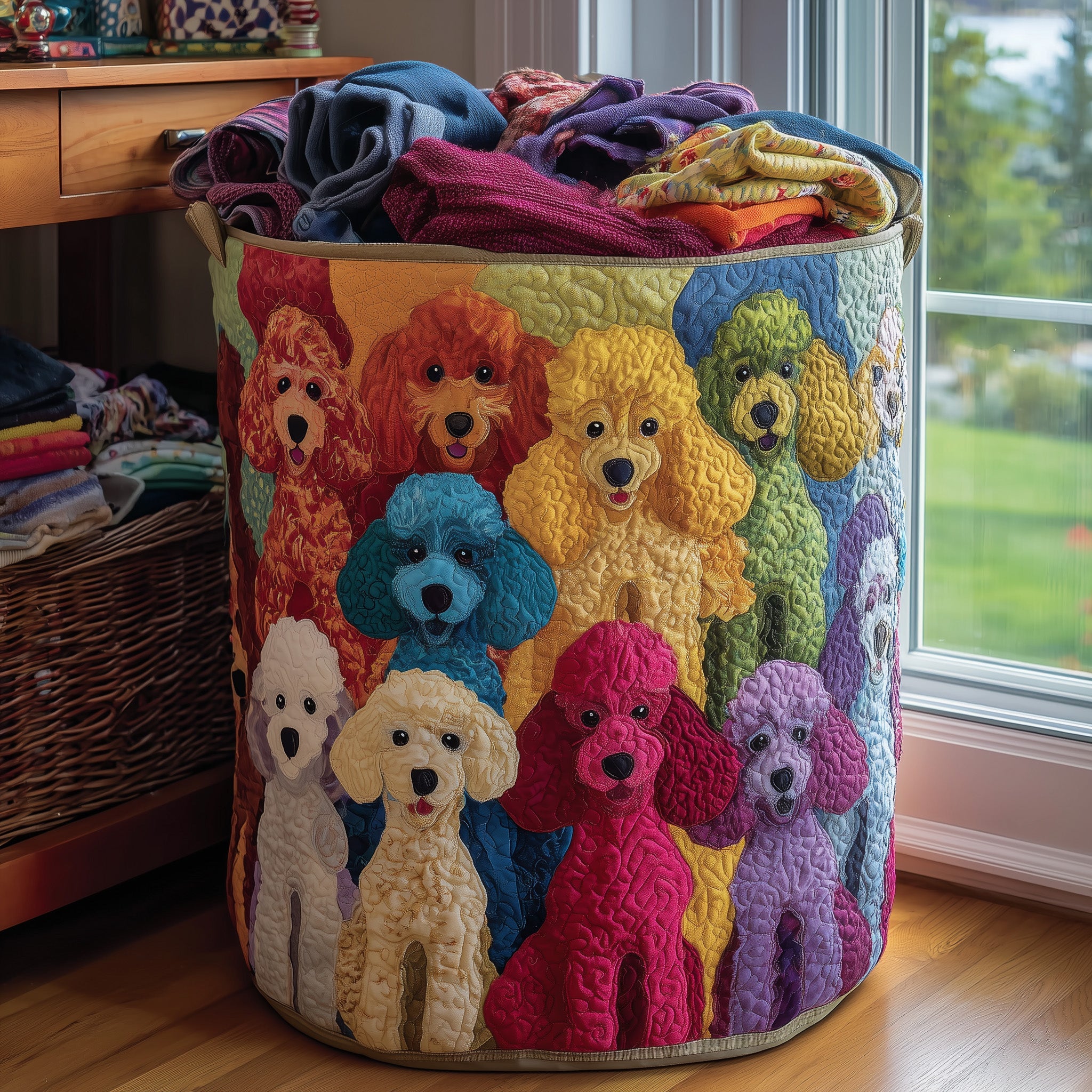 Playful Poodle Quilted Laundry Basket Adorable Present For Poodle Collectors