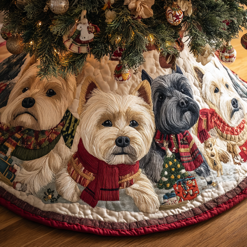 Playful West Highland Terrier Christmas Quilted Tree Skirt Xmas Tree Decor Gifts For Yorkshire Terrier Lovers