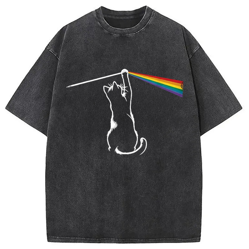 Playing with Light Cat Washed T-Shirt Trendy Everyday Casual Outfit Gifts For Her