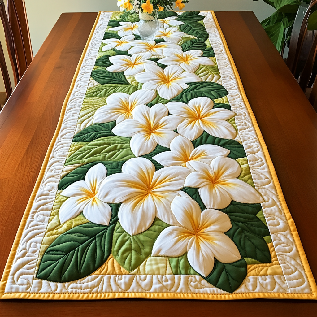Plumeria Bloom Quilted Table Runner Dining Table Decor Christmas Gifts For Flower Lovers