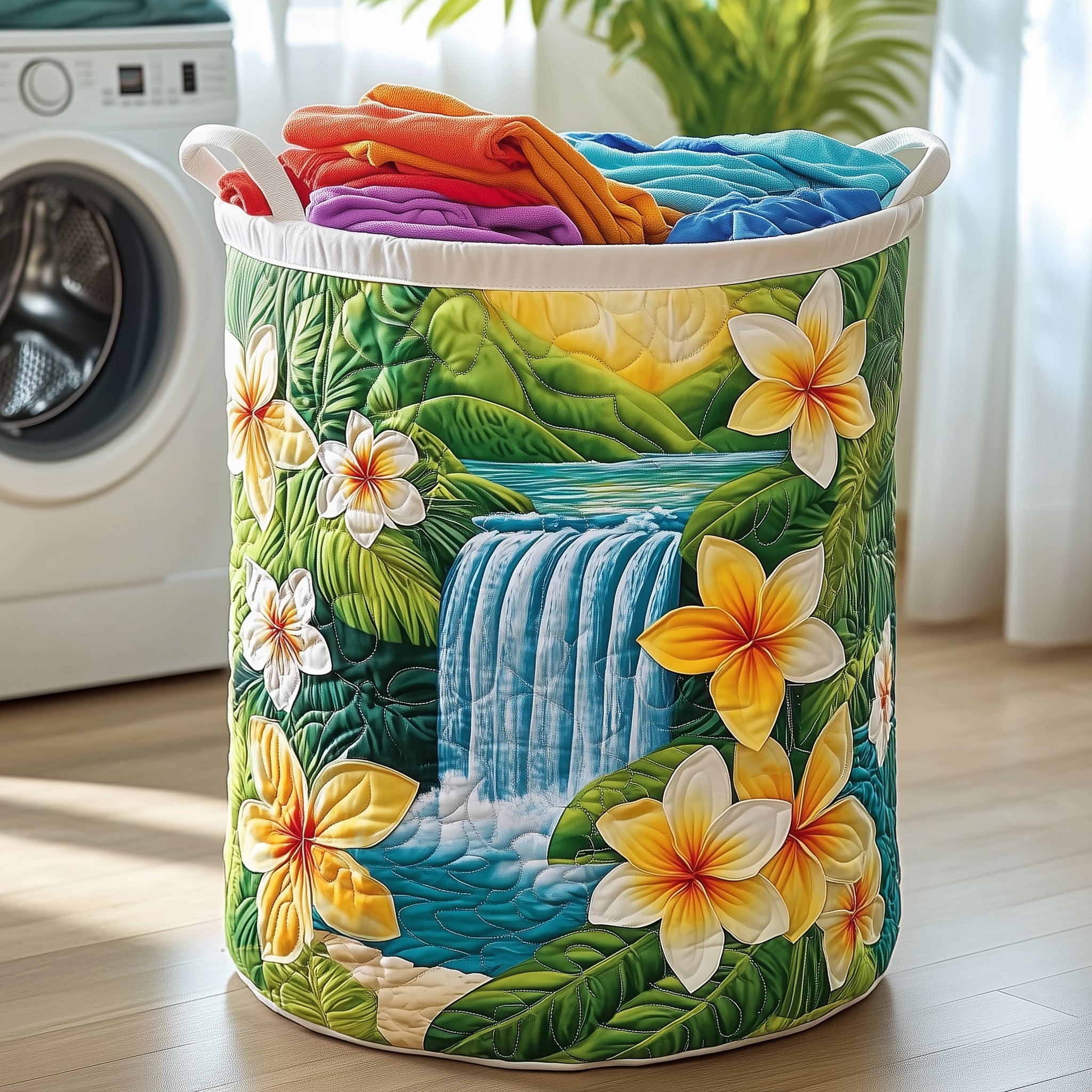 Plumeria Blossom Quilted Laundry Basket Halloween Merch Gift