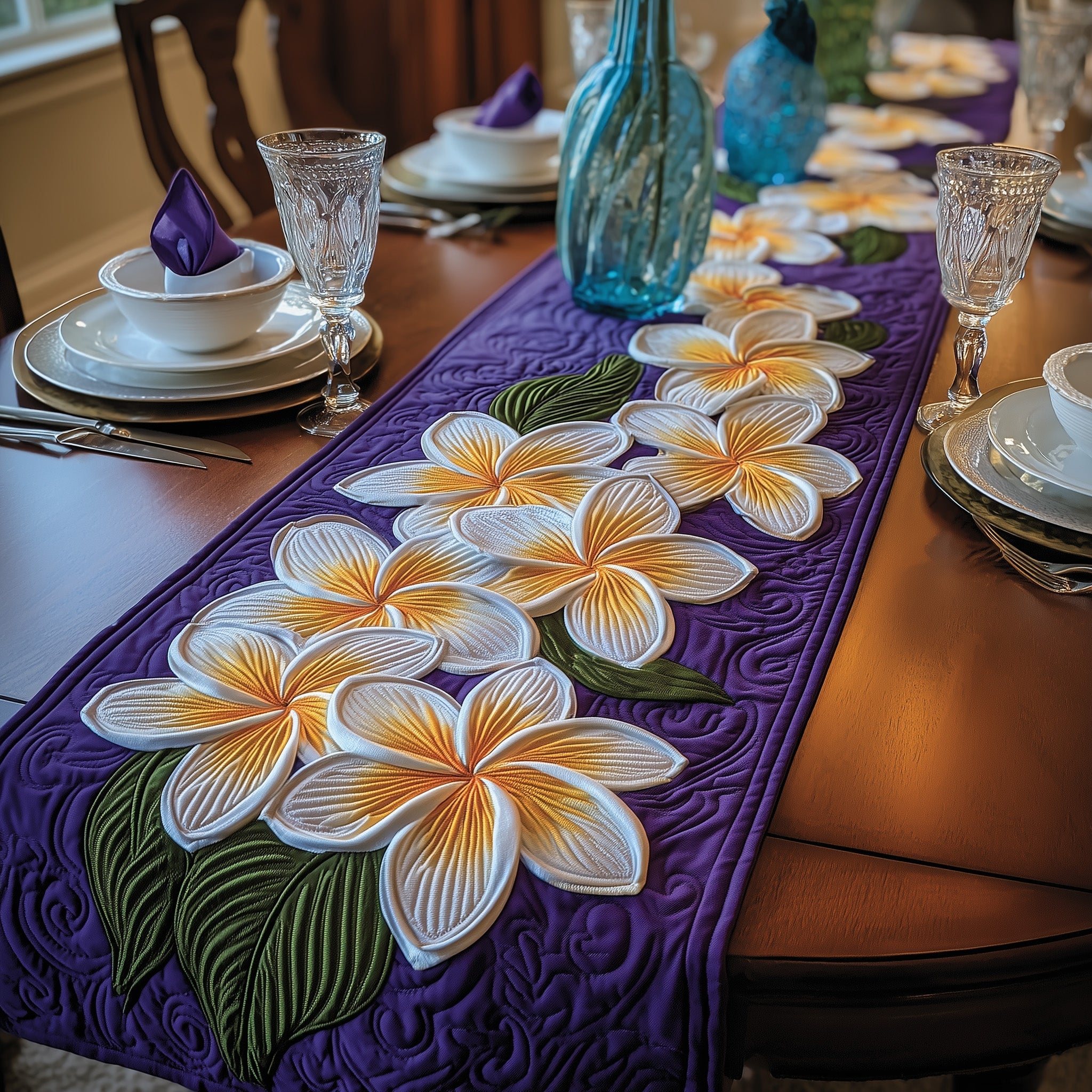 Plumeria Blossom Quilted Table Runner Christmas Dining Room Table Runner