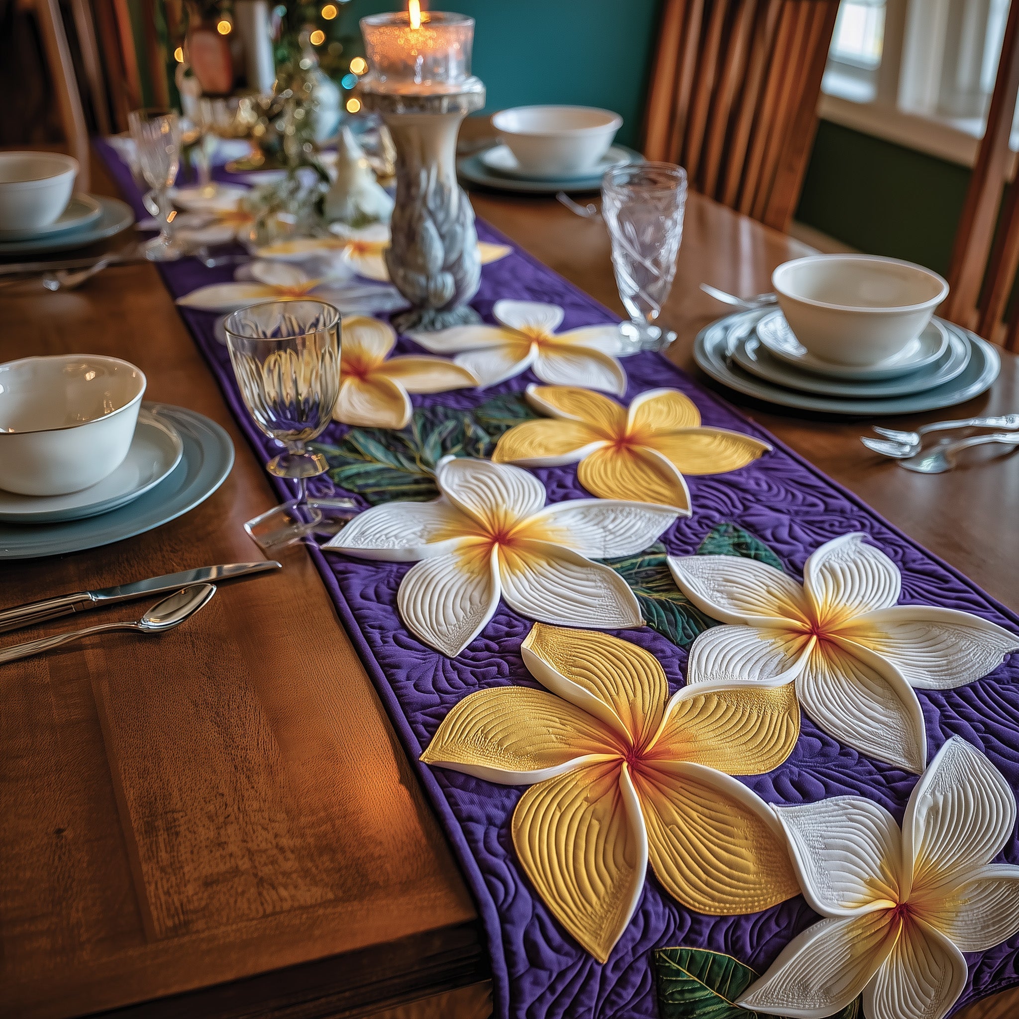 Plumeria Blossom Quilted Table Runner Table Runner Gift for Holiday Season