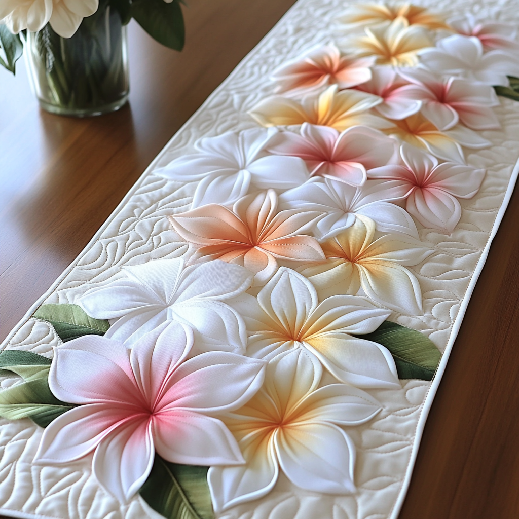 Plumeria Glow Quilted Table Runner Holiday Runner Dining Gifts For The Flower Lover