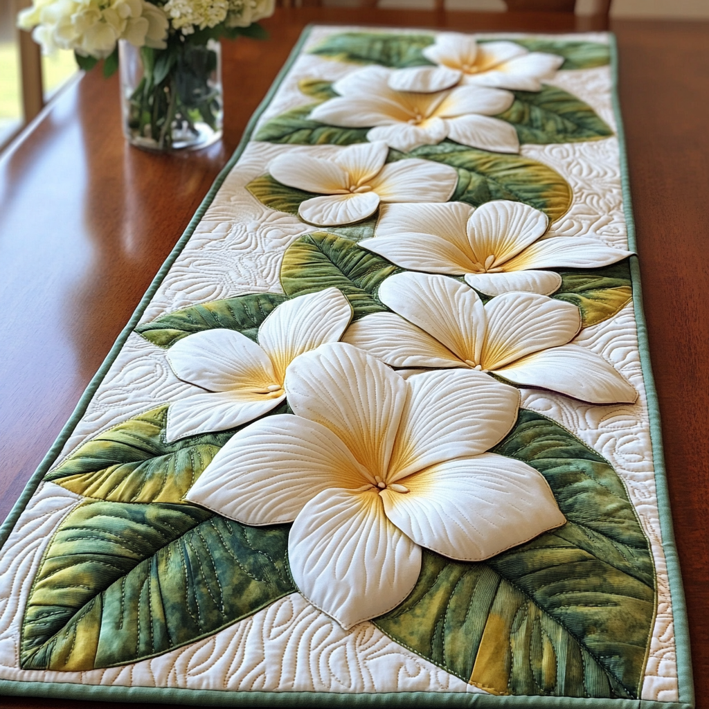 Plumeria Joy Quilted Table Runner Kitchen Table Decor Christmas Floral Gifts