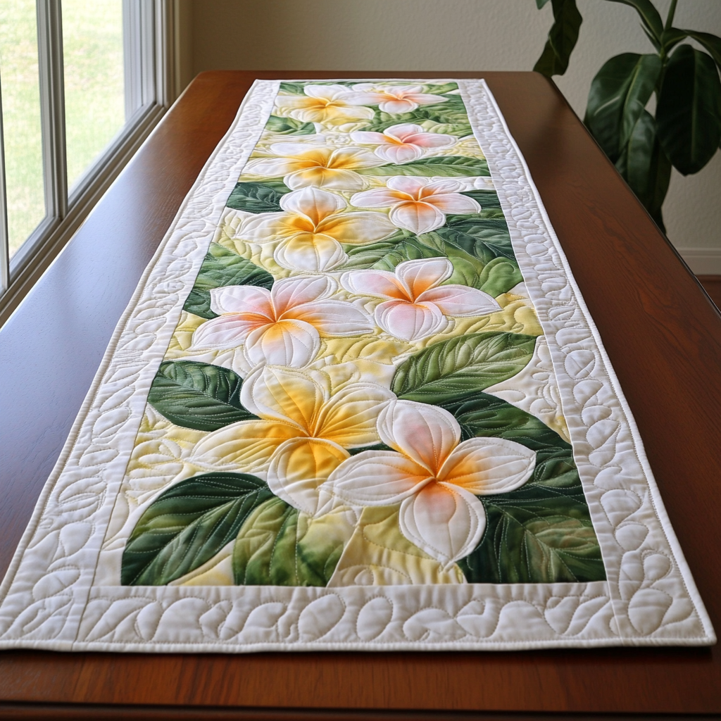 Plumeria Paradise Quilted Table Runner Floral Table Runner Unique Gifts For Family