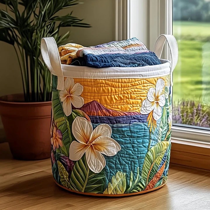 Plumeria Tropical Island Quilted Laundry Basket Hawaiian Home Decor Best Gift For Beach Lovers Fans