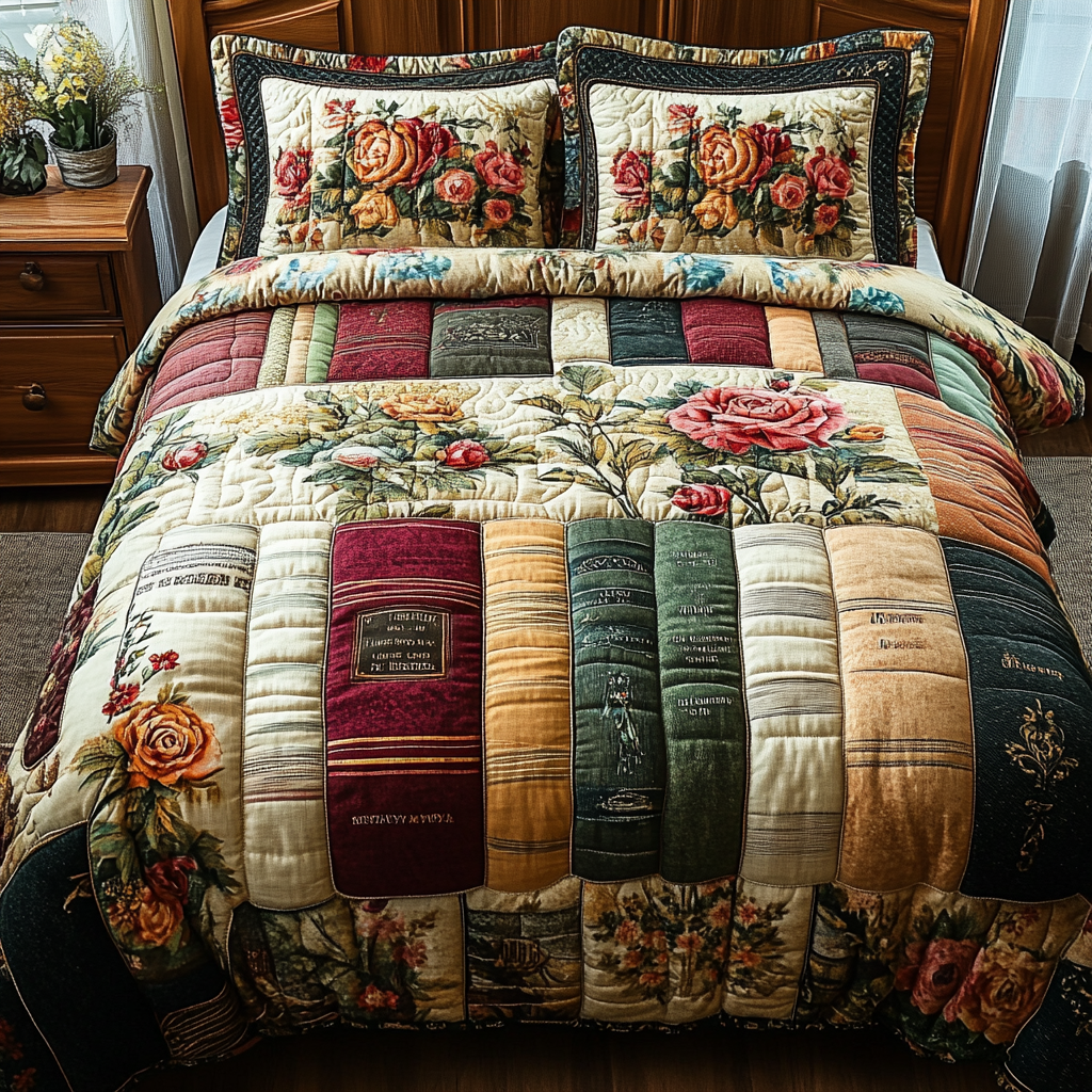 Poetic Petals Quilted Bedding Set Cute Bedroom Decor Book Themed Gift Items