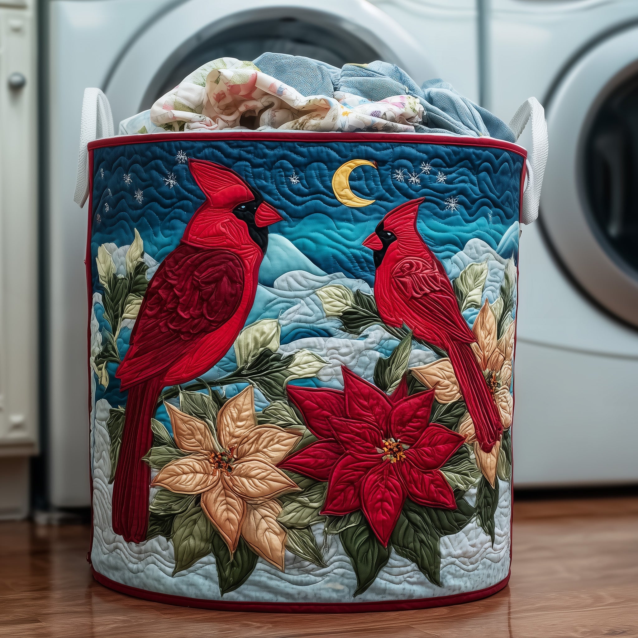 Poinsettia And Cardinal Quilted Laundry Basket Merch For Friends