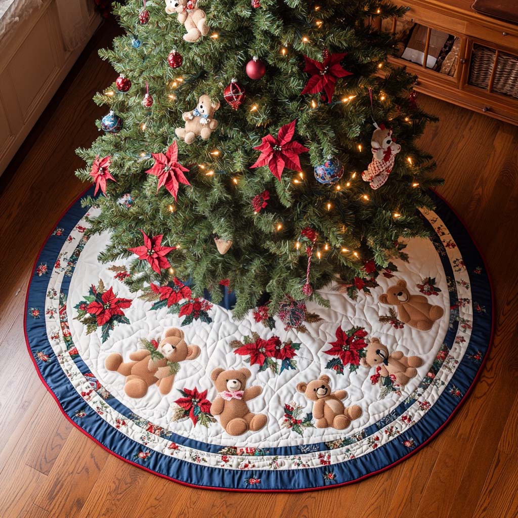 Poinsettia Bear Bliss Christmas Quilted Tree Skirt Festive Christmas Tree Skirt for Holiday Decor