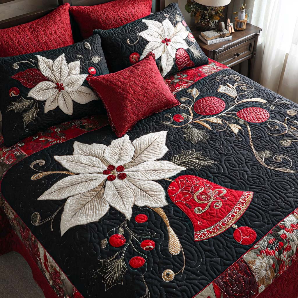 Poinsettia Bells Quilted Bedding Set Xmas Duvet Sets Christmas Gift Ideas For Him