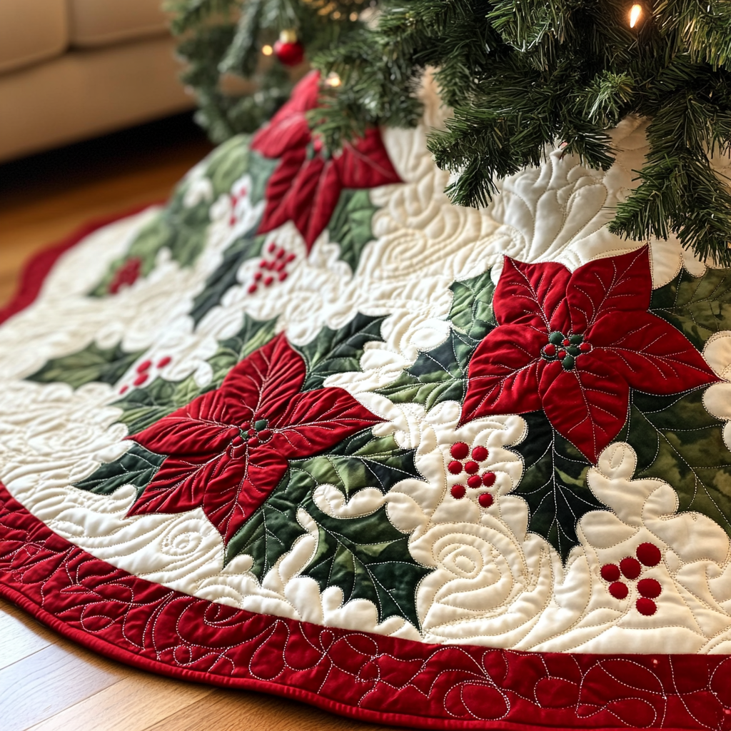 Poinsettia Bliss Christmas Quilted Tree Skirt Seasonal Gift Merch for Festive Homes