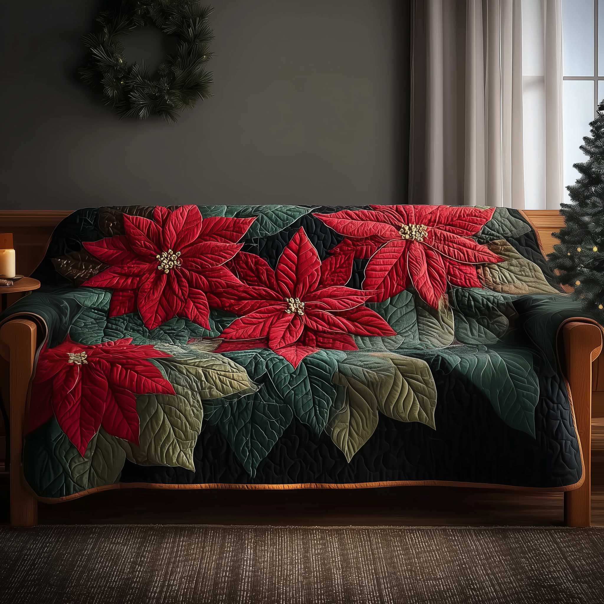 Poinsettia Bliss Quilted Sofa Cover Christmas Bloom Sofa Cover Gifts For Mom