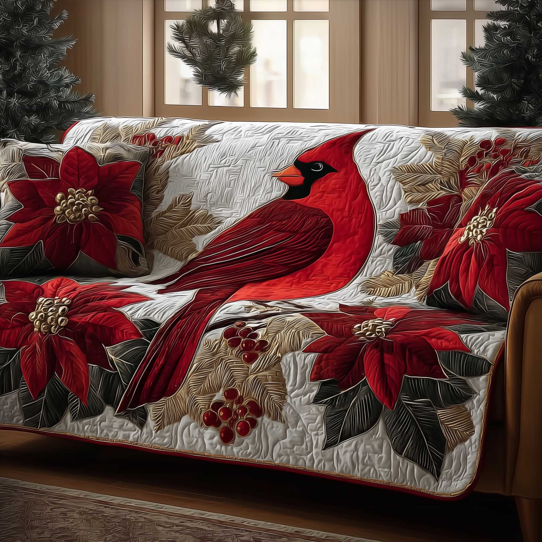 Poinsettia Bliss Quilted Sofa Cover Elegant Red Christmas Flower Gifts For Mom