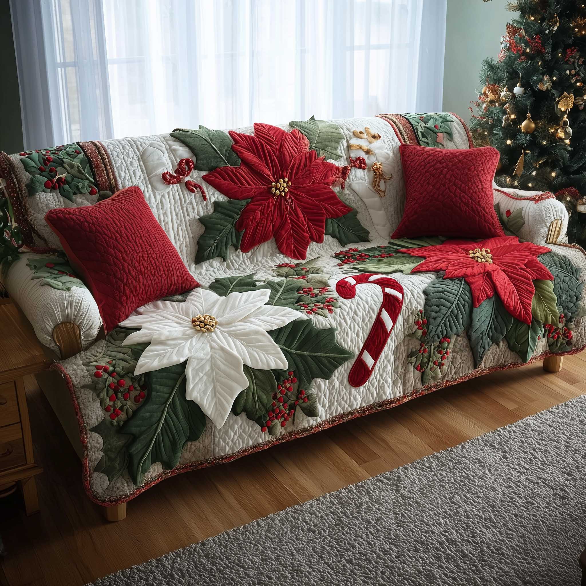 Poinsettia Bliss Quilted Sofa Cover Festive Holiday Floral Design Gifts For Mom