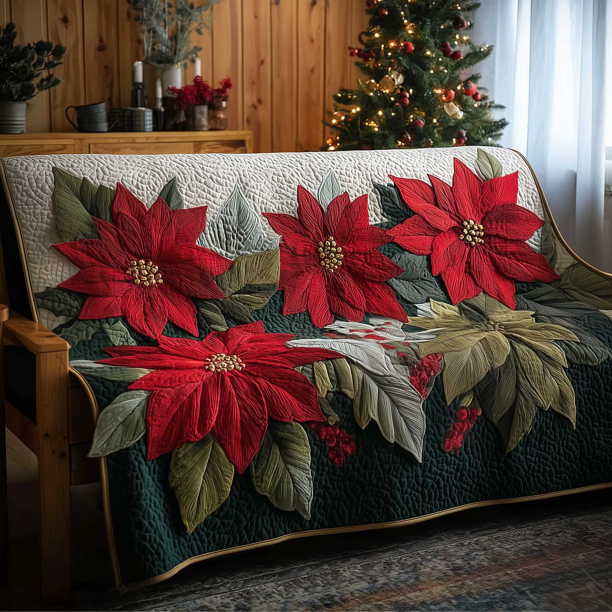 Poinsettia Bliss Quilted Sofa Cover Seasonal Red And Green Floral Gifts For Mom