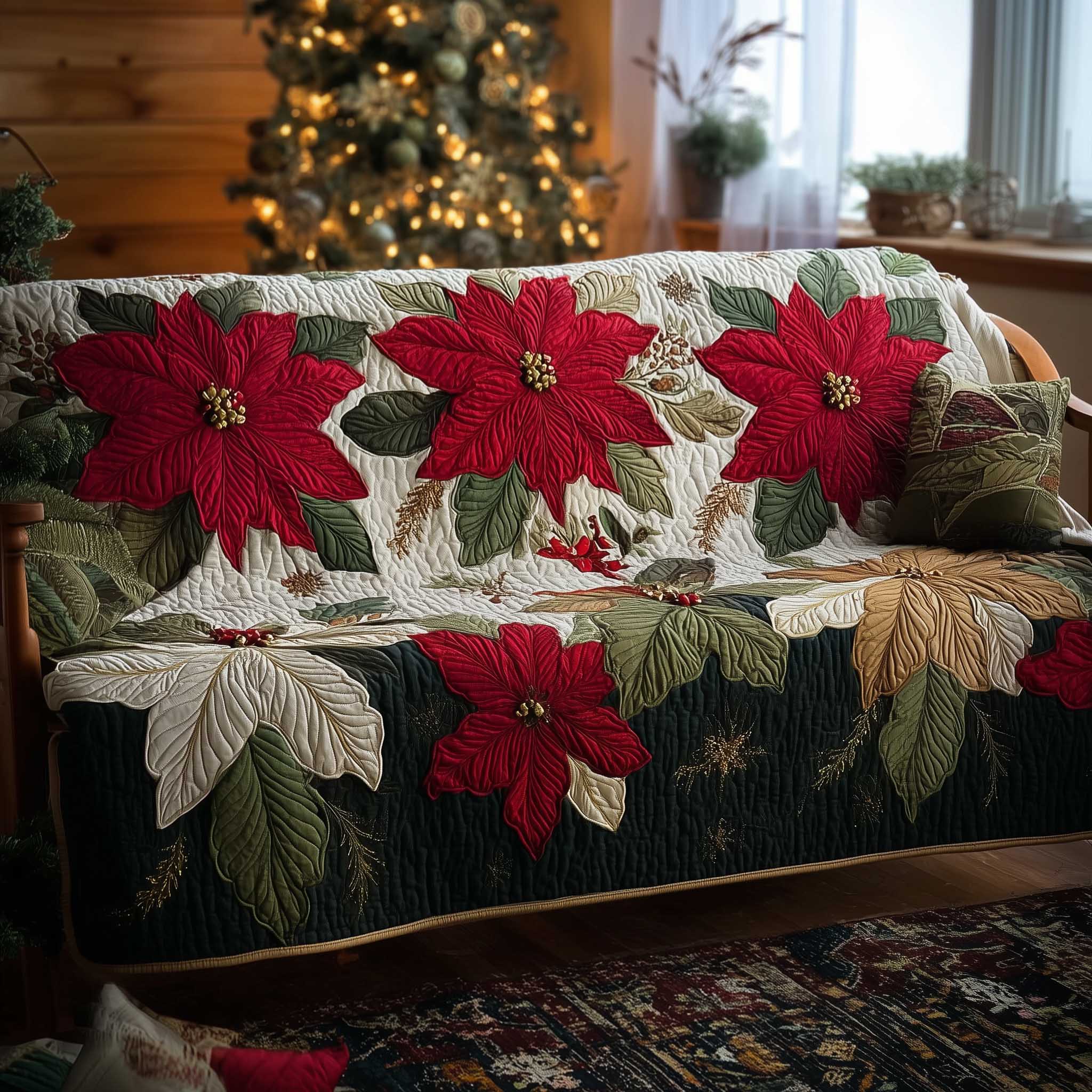 Poinsettia Bliss Quilted Sofa Cover Vibrant Red Poinsettia Motif Gifts For Mom