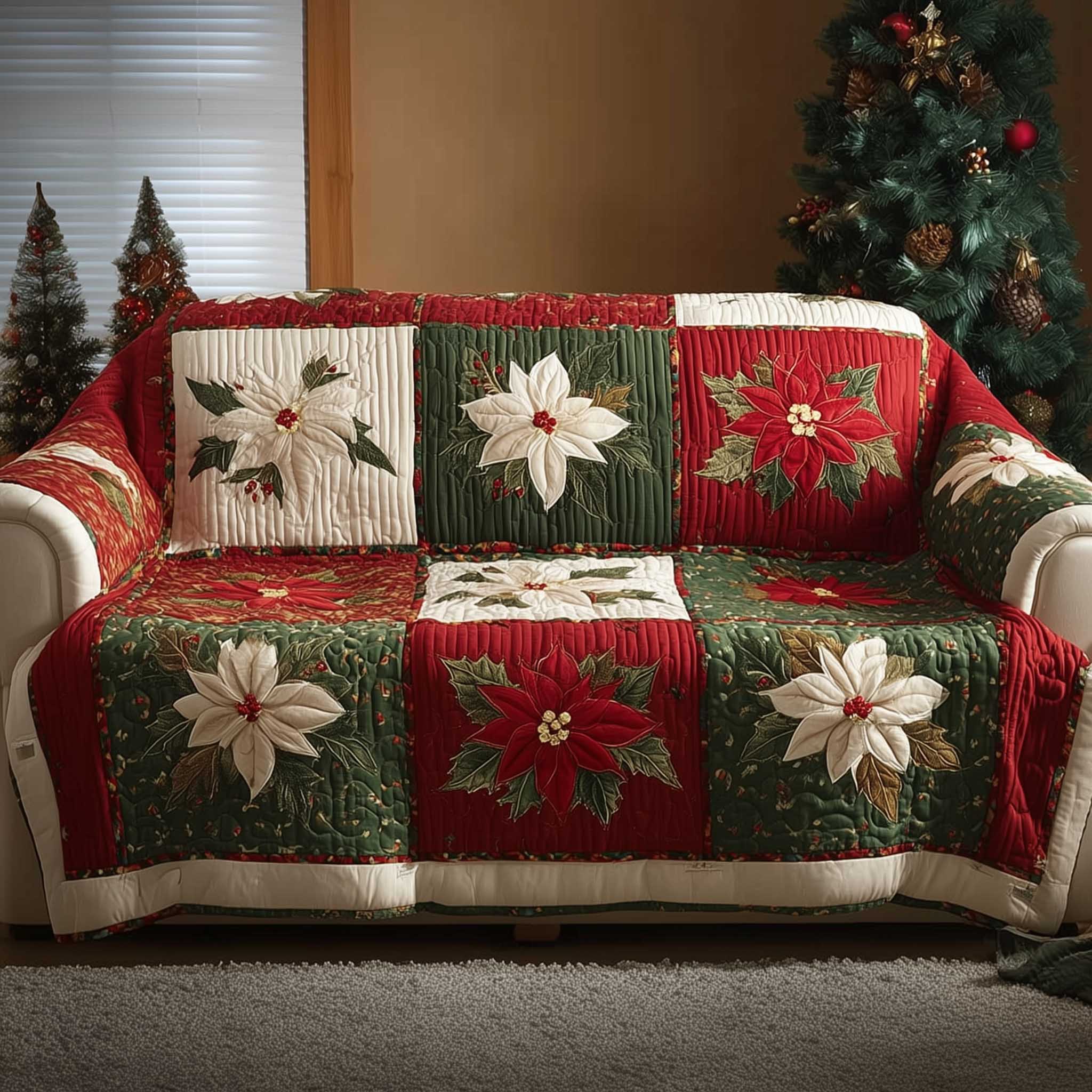 Poinsettia Bliss Quilted Sofa Cover Yuletide Flower Accent Gifts For Mom