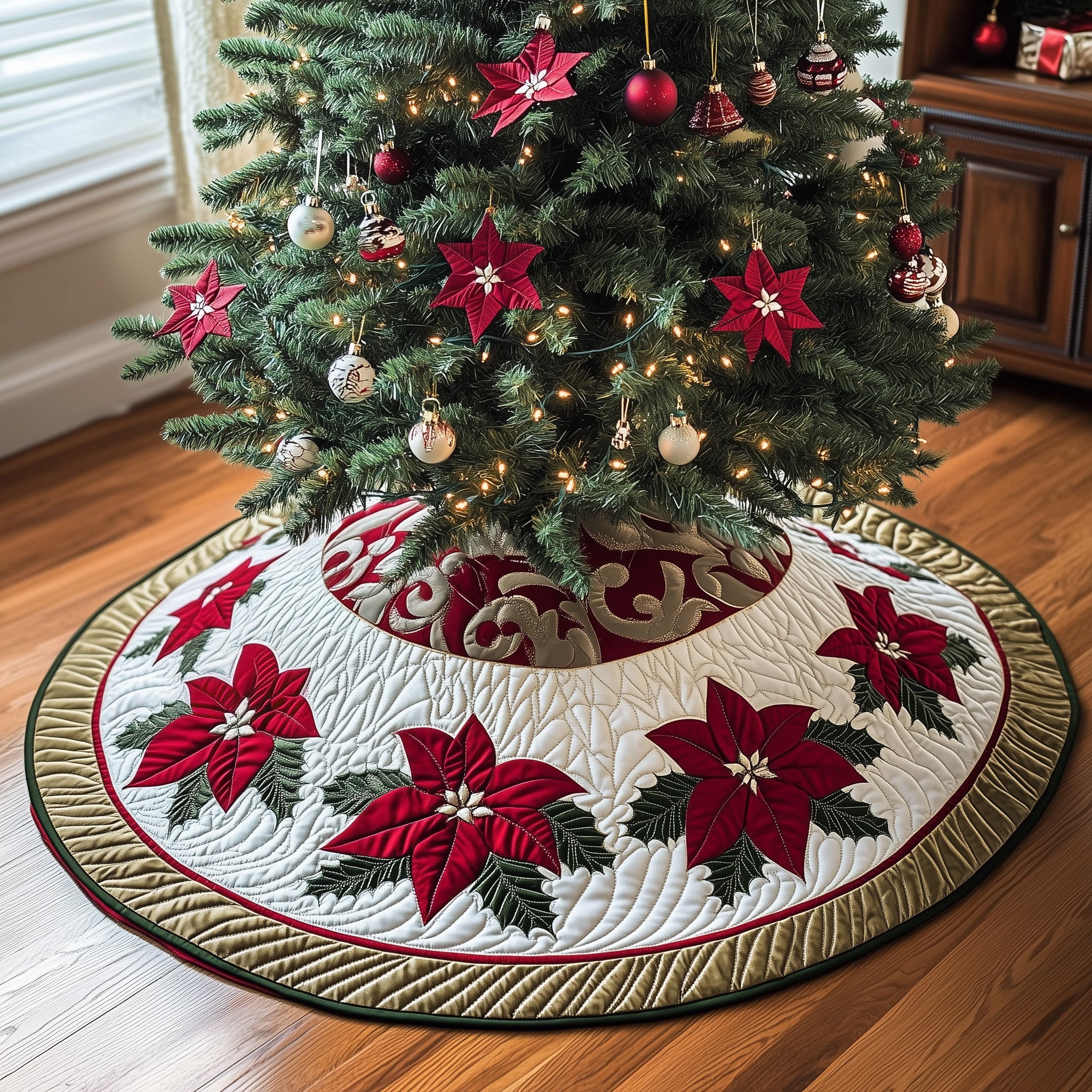 Poinsettia Bliss Quilted Tree Skirt Adorable Easter Gift Merch