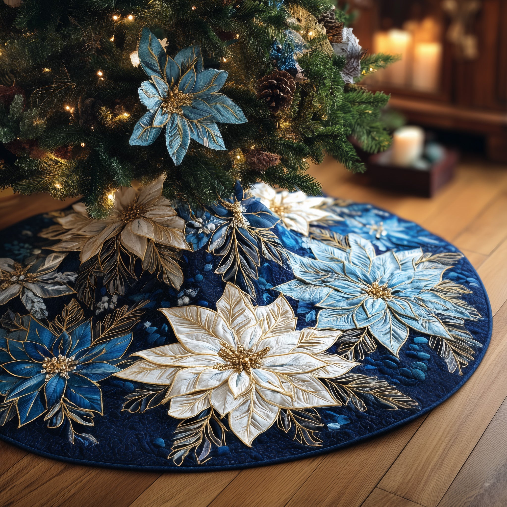 Poinsettia Bliss Quilted Tree Skirt Charming Thanksgiving Gift Merch