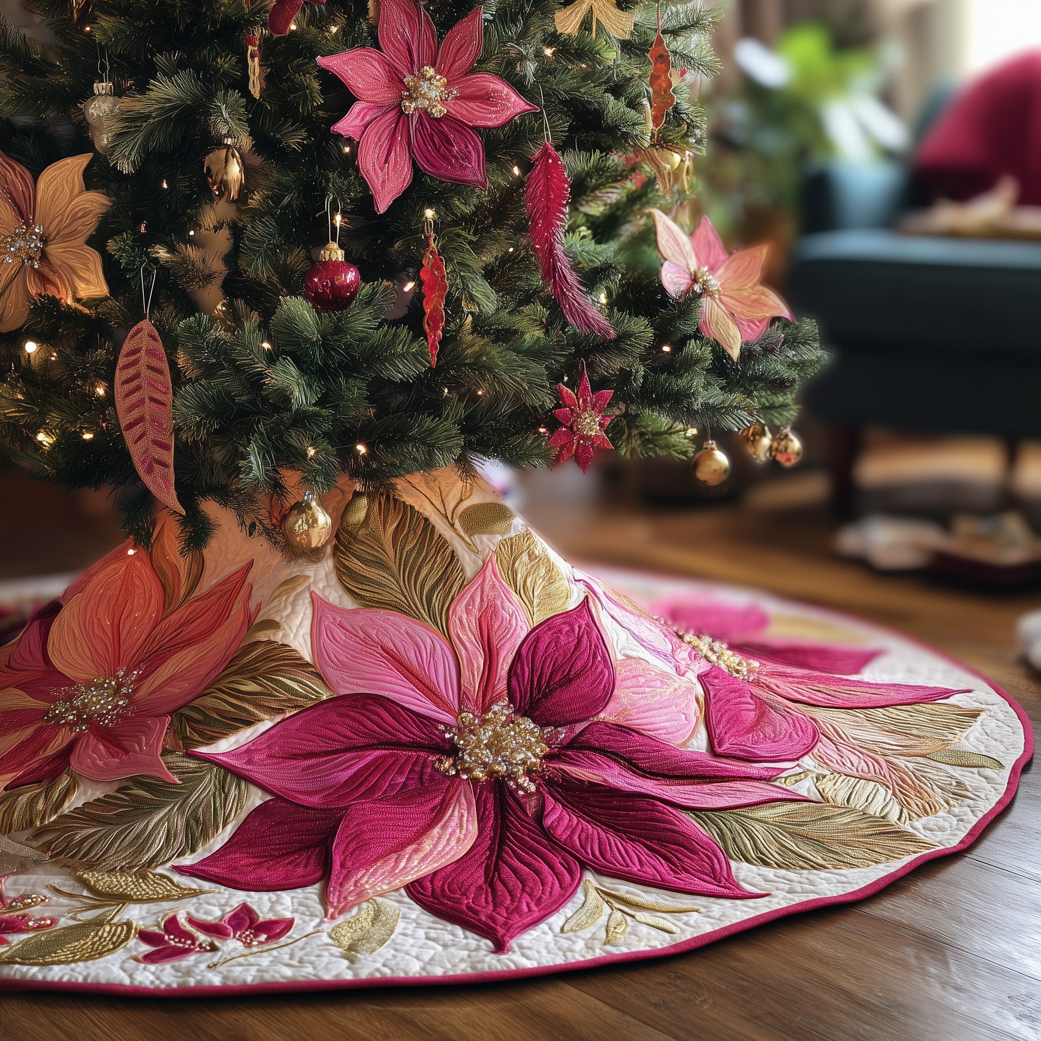 Poinsettia Bliss Quilted Tree Skirt Special Birthday Gift Merch