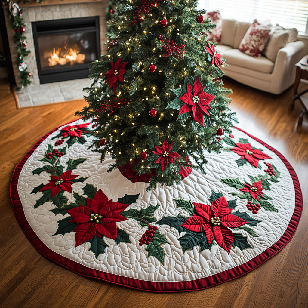 Poinsettia Bloom Christmas Quilted Tree Skirt Perfect Tree Skirt Gift for Mom or Grandma