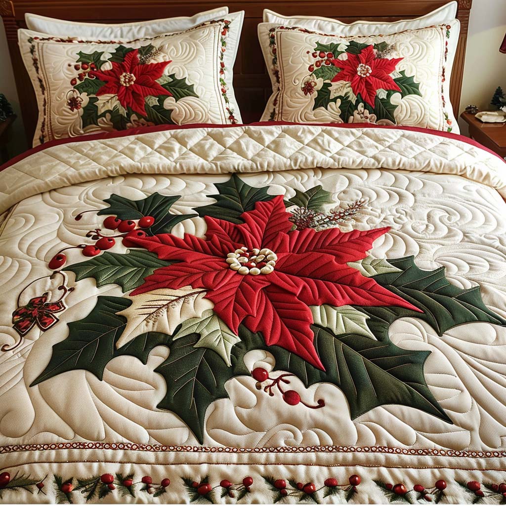 Poinsettia Bloom Quilt Quilted Bedding Set King Size Quilt Sets Holiday Bloom Gift For Wife