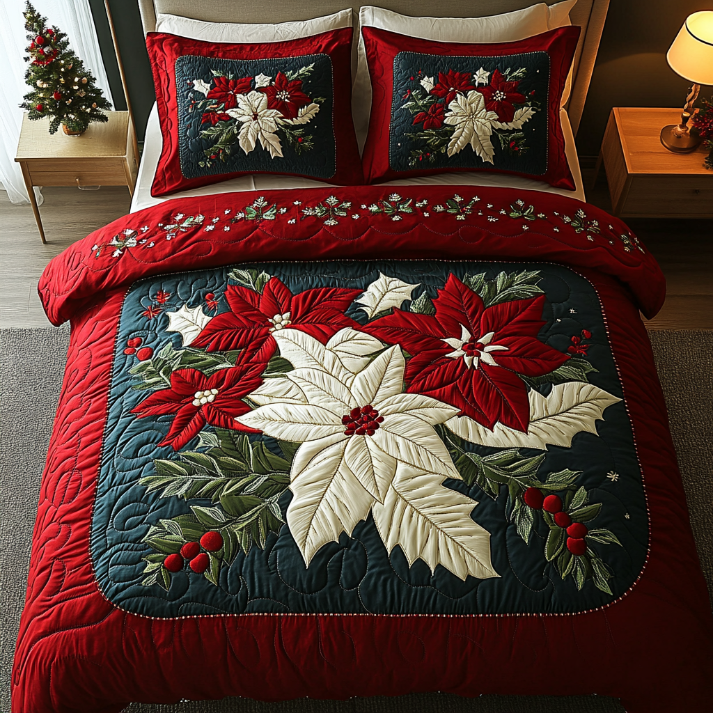 Poinsettia Bloom Quilted Bedding Set Best Holiday Duvet Covers Good Xmas Gifts For Her