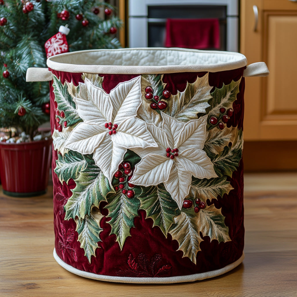 Poinsettia Bloom Quilted Laundry Basket Valentine's Day Merch Gift