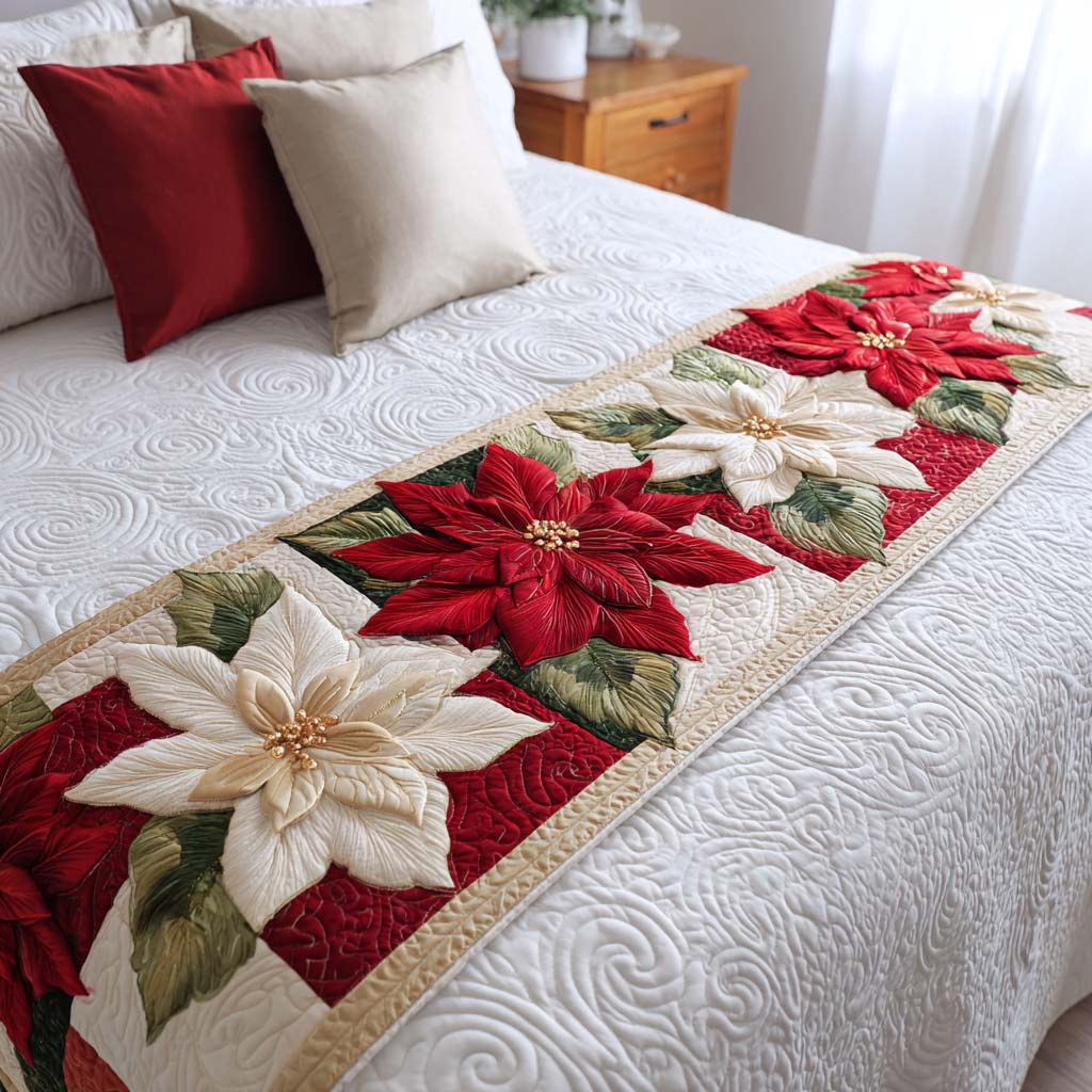 Poinsettia Blooms Quilted Bed Runner Christmas Decorations Secret Santa Gifts