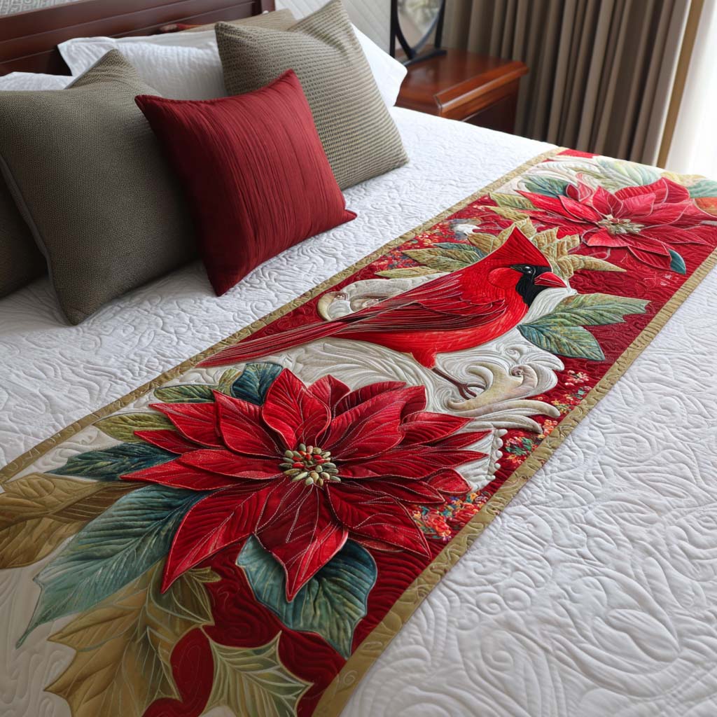 Poinsettia Cardinal Quilted Bed Runner Christmas Bed Scarf Best Christmas Gifts