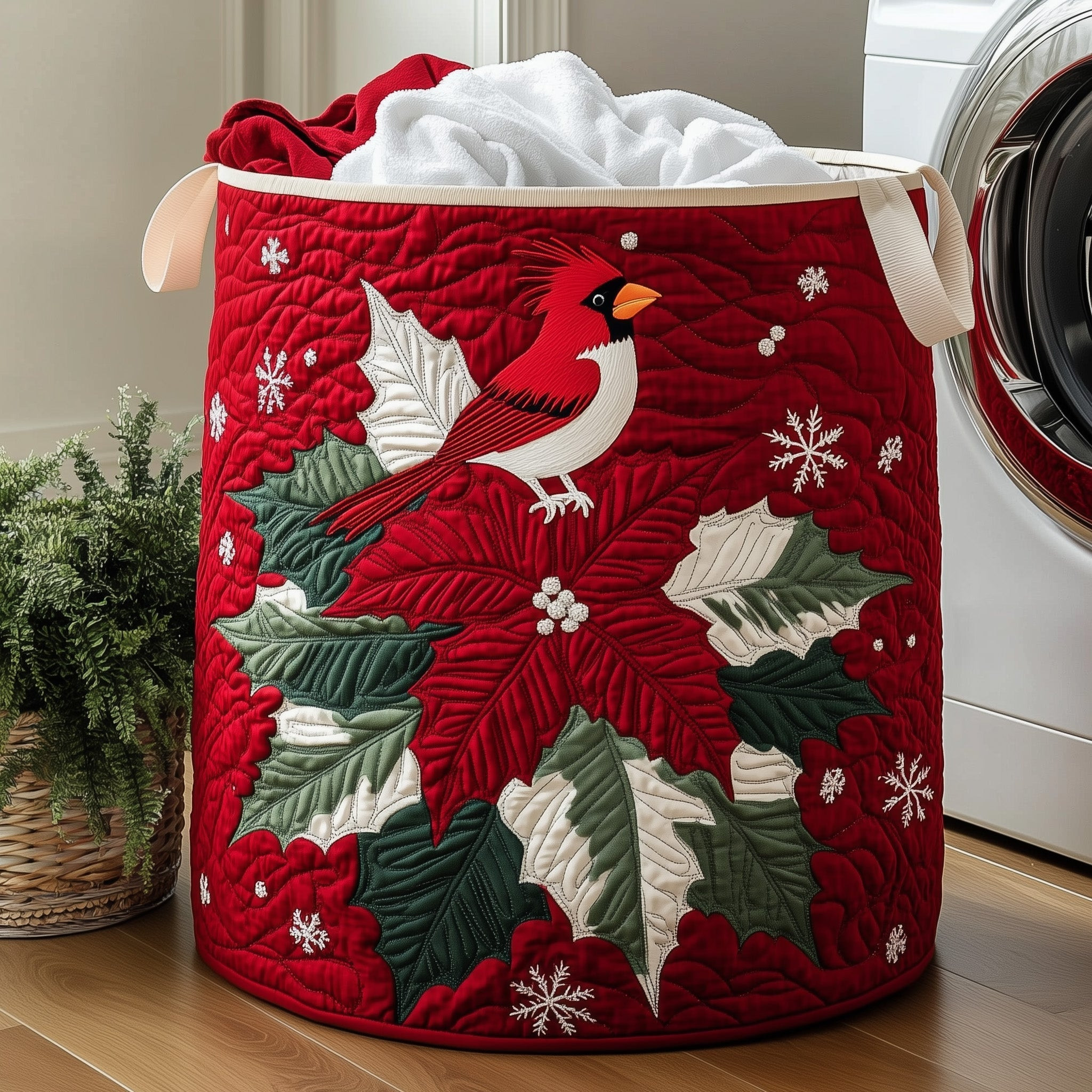 Poinsettia Cardinal Quilted Laundry Basket Christmas Home Decor Holiday Gift Idea