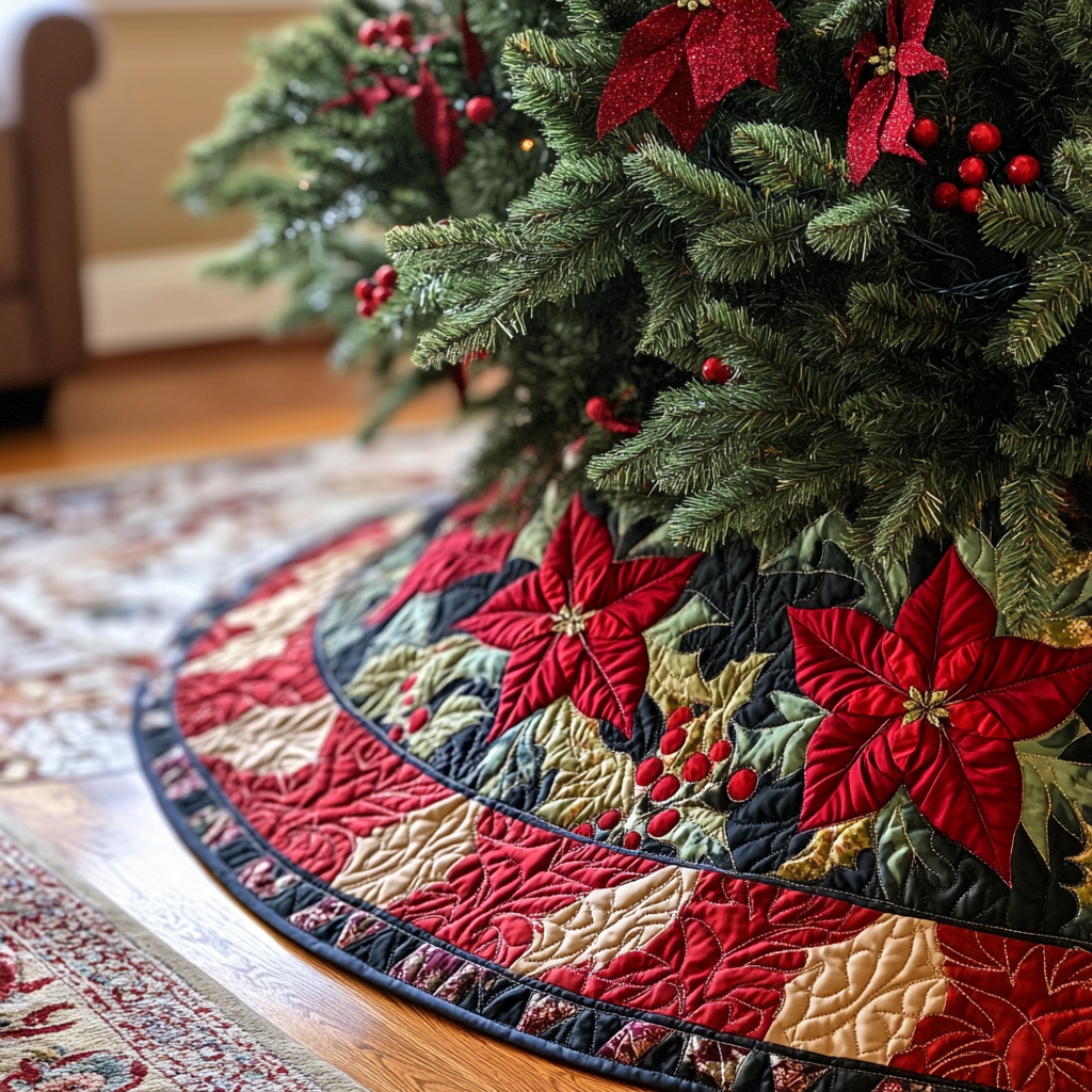 Poinsettia Charm Christmas Quilted Tree Skirt Luxury Christmas Tree Skirt for Elegant Homes