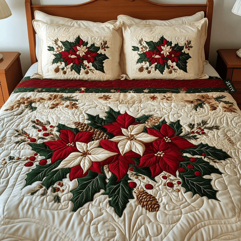 Poinsettia Charm Quilt Bedding Set Holiday Season King Size Bed Set Family Christmas Presents