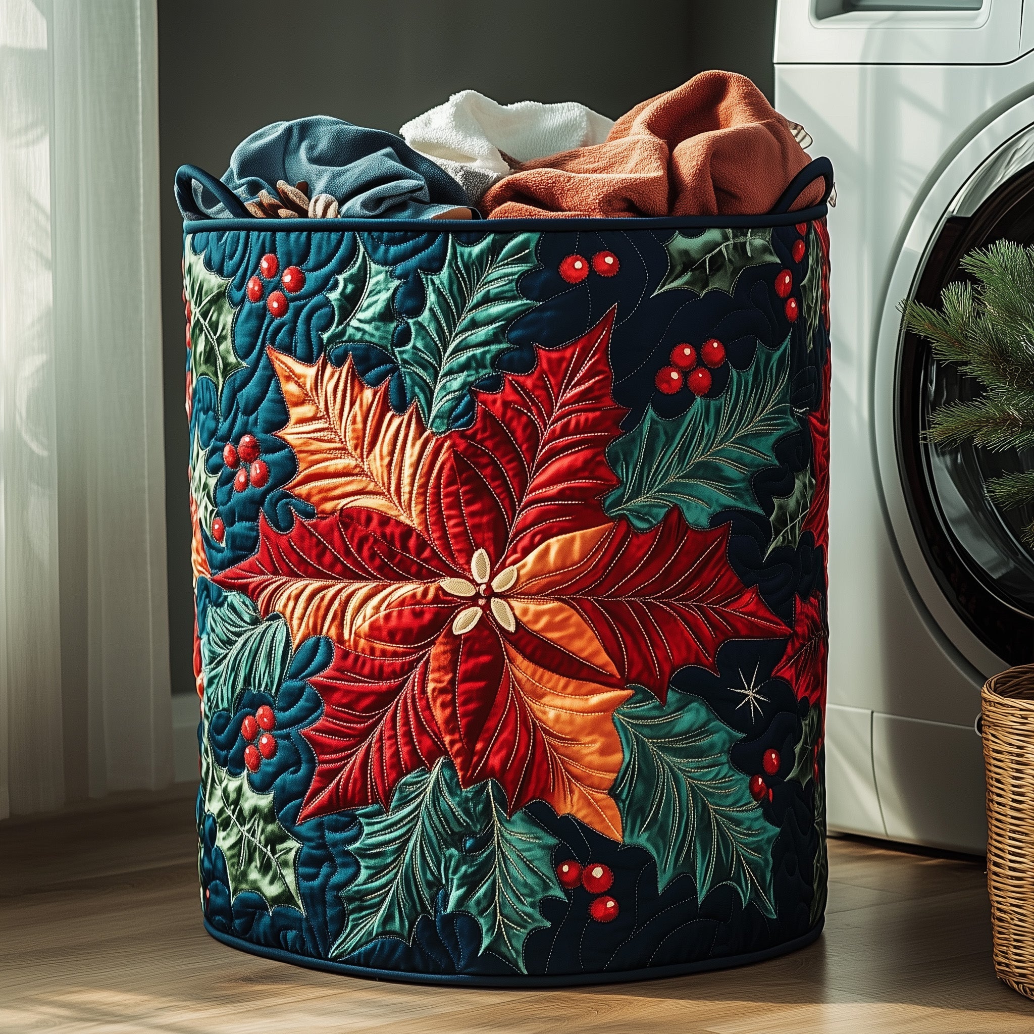 Poinsettia Charm Quilted Laundry Basket Top Christmas Gifts 2025