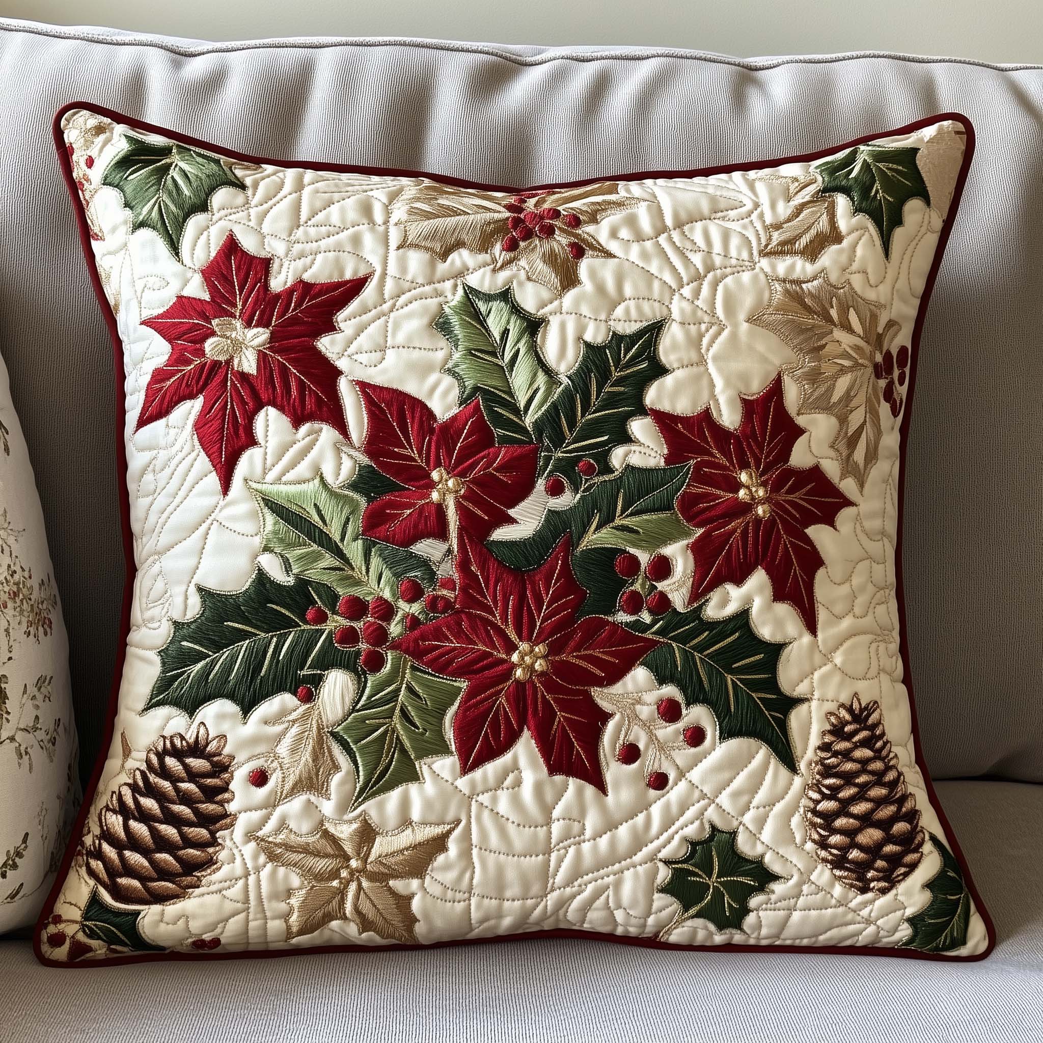 Poinsettia Charm Quilted Pillow Case Holiday Home Decor Good Gifts For Christmas