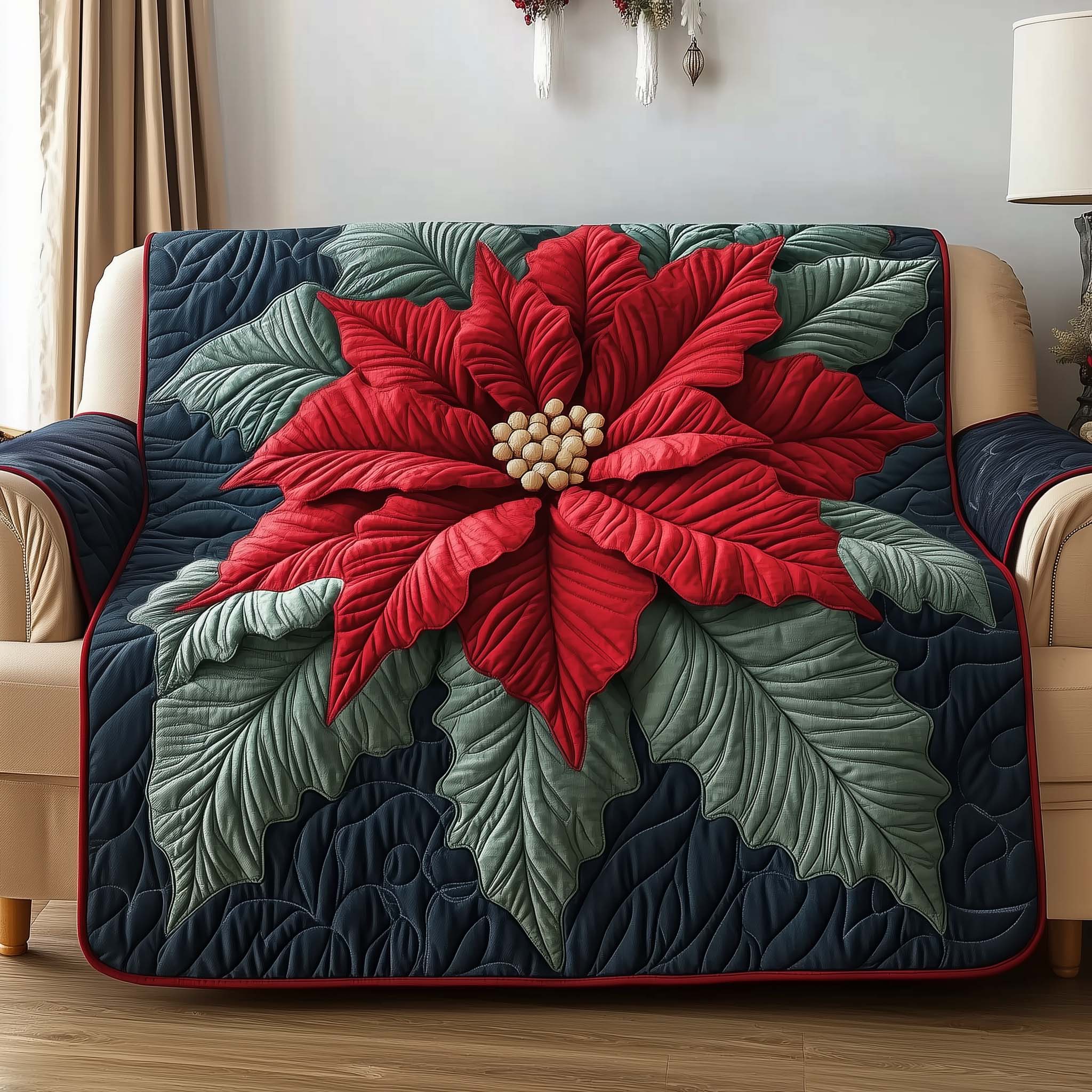 Poinsettia Charm Quilted Sofa Cover Christmas Foliage Sofa Cover Gifts For Mom